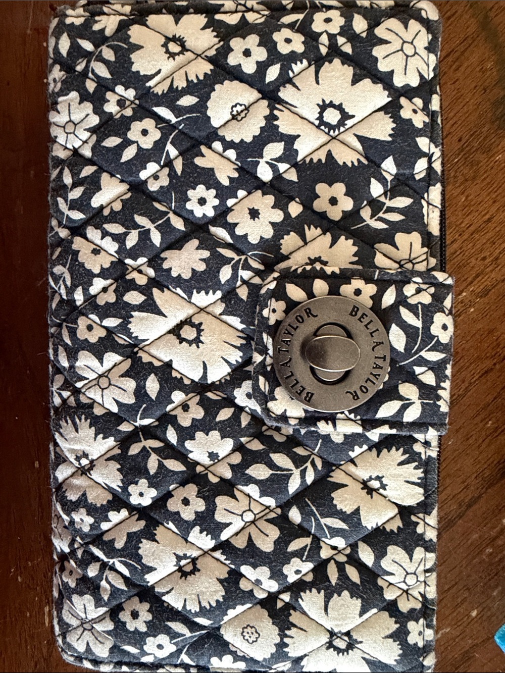 Bella Taylor Quilted Floral Turn-Lock Wallet in Black & Cream
